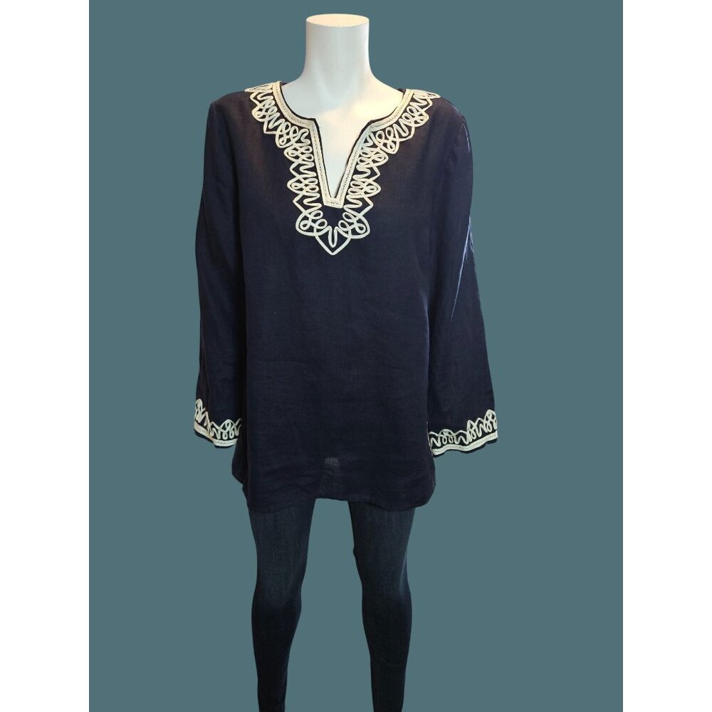 Talbots 100% Linen V Neck Embroidered Trim Navy Blue Tunic Women L Boho - Picture 5 of 8